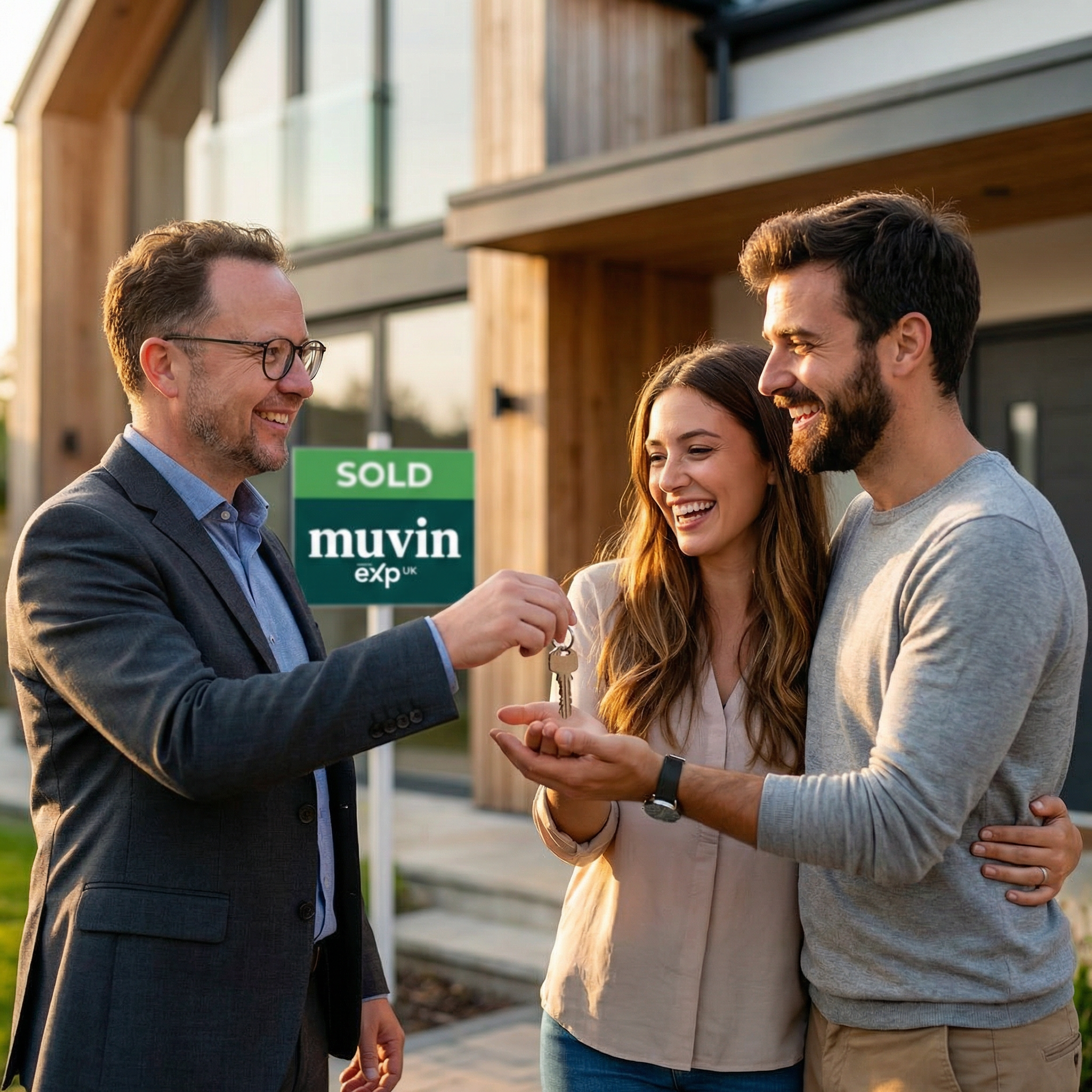 Estate agent handing keys to happy couple